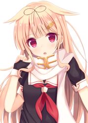  amasajithira black_gloves black_ribbon black_serafuku black_shirt blonde_hair commentary_request female fingerless_gloves gloves hair_flaps hair_ornament hair_ribbon hairclip head_tilt highres kantai_collection long_hair looking_at_viewer neckerchief open_mouth red_eyes red_neckerchief ribbon scarf school_uniform serafuku shirt short_sleeves simple_background solo standing upper_body very_long_hair white_background white_scarf yuudachi_(kancolle) yuudachi_kai_ni_(kancolle) 