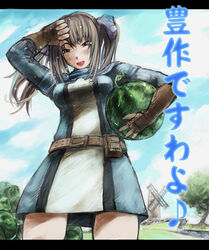  belt blue_ribbon breasts brown_eyes edy_nelson female fingerless_gloves food fruit fura gloves grey_hair long_hair military military_uniform nature open_mouth outdoors ribbon senjou_no_valkyria senjou_no_valkyria_1 sky solo twintails uniform watermelon 