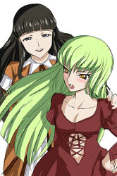  2girls black_eyes black_hair blush c.c. cc code_geass dress female fura green_hair highres long_hair marianne_vi_britannia multiple_girls yellow_eyes 