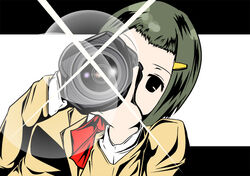  bob_cut camera commentary_request female hair_ornament hairclip hata_ranko head_tilt parody school_uniform seitokai_yakuindomo short_hair single-lens_reflex_camera solo style_parody tengen_toppa_gurren_lagann ttgl_eyecatch yukko_(yk20501911) 