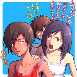  2boys bad_id bad_pixiv_id bare_shoulders black_eyes black_hair brown_eyes brown_hair closed_eyes dark_skin dress female ikezawa_kazuma kayu koiso_kenji multiple_boys purple_hair shinohara_natsuki shouting summer_wars sundress sweatdrop tank_top tears translated 