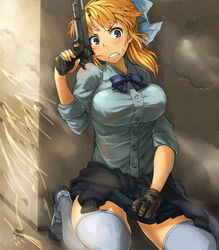  blonde_girl_(itou) blonde_hair blue_eyes blush borrowed_character bow breasts clenched_teeth commentary_request female firefight gun hairbow handgun highres large_breasts m1911 original pleated_skirt shirt skirt solo sweatdrop taut_clothes taut_shirt teeth thighhighs weapon white_thighhighs yugami_gooshu zettai_ryouiki 