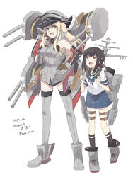  2girls bad_id bad_pixiv_id bismarck_(kancolle) blonde_hair blue_eyes breasts dated detached_sleeves fubuki_(kancolle) gloves grey_legwear hat highres kantai_collection kuuga_(cf) large_breasts long_hair military military_hat military_uniform multiple_girls peaked_cap photoshop_(medium) school_uniform serafuku skirt thighhighs translated twitter_username uniform 