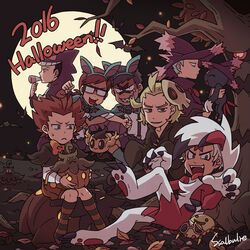  2016 6+boys aged_down archie_(pokemon) black_hair blue_hair claw_pose commentary_request cosplay cyrus_(pokemon) duskull duskull_(cosplay) evil_grin evil_smile full_moon gengar gengar_(cosplay) ghetsis_(pokemon) giovanni_(pokemon) green_hair grin guzma_(pokemon) halloween happy_halloween leaf lolicon lycanroc lycanroc_(cosplay) lycanroc_(midnight) lysandre_(pokemon) male_focus maxie_(pokemon) mismagius mismagius_(cosplay) moon multiple_boys night party_horn phantump pokemon pokemon_(creature) pokemon_bw pokemon_dppt pokemon_ears pokemon_oras pokemon_rgby pokemon_sm pokemon_xy pumpkaboo pumpkaboo_(cosplay) pumpkin red_hair shorts sitting smile sneasel spinarak ssalbulre sunglasses suspender_shorts suspenders team_skull tongue tongue_out tree trevenant white_hair zubat zubat_(cosplay) 