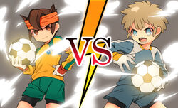  2boys ball brown_hair endou_mamoru headband inazuma_eleven inazuma_eleven_(series) multiple_boys short_hair soccer soccer_ball tachimukai_yuuki versus vs 