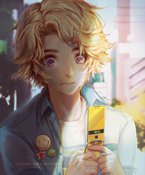  1boy blonde_hair buttons cellphone character_name claparo commentary deviantart_username flip_phone hair_ornament hairclip kim_yoosung lips looking_down male_focus phone photoshop_(medium) purple_eyes shade signature solo susanghan_messenger upper_body watermark 