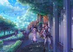  2girls bat_wings book boots commentary_request final_fantasy final_fantasy_vii hat head_wings koakuma long_hair mk-5 multiple_girls outdoors patchouli_knowledge photoshop_(medium) purple_hair red_hair save_point thighhighs touhou wings zettai_ryouiki 