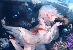  air_bubble blush braid bubble closed_mouth commentary_request coral cupping_hands dutch_angle female flower from_side hair_flower hair_ornament highres ivy1993 japanese_clothes kimono long_hair own_hands_together parted_lips pink_hair profile sandals sergestid_shrimp_in_tungkang shrimp single_braid underwater water xuan_ying 