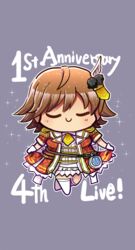  across_the_stars_(idolmaster) anniversary ascot brown_hair chibi clock closed_eyes closed_mouth clothes_lift commentary_request curtsey dress dress_lift english_text epaulettes feather_hair_ornament feathers female gloves hair_ornament highres honda_mio idolmaster idolmaster_cinderella_girls idolmaster_cinderella_girls_starlight_stage morikinoko outline plaid plaid_dress purple_background short_hair short_sleeves solo sparkle white_gloves 