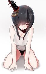  arm_support ass_visible_through_thighs bad_id bad_twitter_id black_bra black_hair black_panties bra breasts cleavage female hair_over_one_eye highres kantai_collection large_breasts leaning_forward mitsudoue no_pants panties red_eyes saliva see-through short_hair_with_long_locks sitting solo underwear wariza yamashiro_(kancolle) 