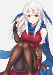  absurdres bangle bare_shoulders bird bird_on_hand black_gloves black_pantyhose blue_scarf blush bracelet commentary_request dress elbow_gloves female fingerless_gloves fire_emblem fire_emblem:_radiant_dawn fire_emblem_heroes gloves grey_hair hair_ribbon half_updo highres jewelry long_hair micaiah_(fire_emblem) pantyhose photoshop_(medium) ribbon scarf shiyo_yoyoyo side_slit simple_background sitting sleeveless sleeveless_dress solo white_background white_hair yellow_eyes yune_(fire_emblem) 