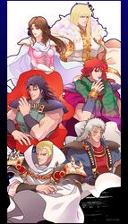  5boys bad_id bad_pixiv_id black_hair blonde_hair blue_eyes breasts brown_eyes brown_hair cape dress facial_mark female forehead forehead_mark highres hokuto_no_ken lipstick long_hair makeup mayuzumi medium_breasts mole multiple_boys muscular nail_polish no_pupils pillarboxed pink_dress pink_eyes purple_lips purple_nails red_eyes red_hair rei_(hokuto_no_ken) scar scarf shin_(hokuto_no_ken) shoulder_pads shu_(hokuto_no_ken) smile souther spikes white_hair wrist_cuffs wristband yuda_(hokuto_no_ken) yuria_(hokuto_no_ken) 