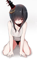  arm_support ass_visible_through_thighs black_bra black_hair black_panties bra breasts cleavage commentary_request female hair_over_one_eye highres kantai_collection large_breasts leaning_forward mitsudoue no_pants panties red_eyes saliva see-through short_hair_with_long_locks sitting solo underwear wariza yamashiro_(kancolle) 