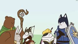  7:4 amber_(armello) anthro armello armor bear blue_body blue_fur bow_(weapon) bracers brown_body brown_fur canid canine canis cloak clothed clothing colakim_(steam) dewlap_(anatomy) elyssia_(armello) female fur grey_body grey_fur group headgear hood lagomorph league_of_geeks leporid magna_(armello) mammal multicolored_body multicolored_fur murid murine rabbit ranged_weapon rat river_(armello) rodent sana_(armello) shield simple_background staff weapon wolf zosha_(armello) 