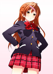  black_jacket blush bow bowtie breasts brown_eyes brown_hair chuunibyou_demo_koi_ga_shitai! commentary dot_nose female from_below frown hair_between_eyes hair_ornament hairclip hands_on_own_hips icho_private_high_school_uniform jacket long_hair medium_breasts nibutani_shinka plaid plaid_skirt pleated_skirt red_bow red_bowtie school_uniform simple_background skirt solo spiceg standing white_background 