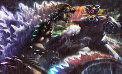  70s aureusmaximus battle city claws crossover epic glowing godzilla godzilla_(series) kaijuu mazinger_z mazinger_z_(mecha) mecha monster no_humans oldschool pilder science_fiction sharp_teeth super_robot tagme tail teeth 