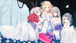  4girls bad_link blonde_hair blue_eyes bouquet bridal_veil dress elbow_gloves five-seven_(girls&#039;_frontline) five-seven_(smile_of_acceptance)_(girls&#039;_frontline) flower g36_(girls&#039;_frontline) g36_(pure_white_cornflower)_(girls&#039;_frontline) girls&#039;_frontline gloves grey_hair group_picture mp5_(a_small_step)_(girls&#039;_frontline) mp5_(girls&#039;_frontline) multiple_girls official_alternate_costume official_art smile strapless strapless_dress suisai_(suisao) tree vector_(ardent_devotion)_(girls&#039;_frontline) vector_(girls&#039;_frontline) veil wedding_dress white_gloves yellow_eyes 