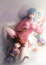  1boy aqua_hair black_hair breasts bulma_briefs collarbone commentary_request dougi dragon_ball dragon_ball_(classic) dragon_ball_(object) dragon_radar female fooltown from_above lap_pillow long_hair long_sleeves looking_at_viewer lying medium_breasts monkey_tail off_shoulder on_back pajamas photoshop_(medium) pillow radar sleeping sleeveless son_goku spiked_hair tail wristband 