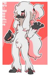  2:3 anthro anthrofied canid canine casey_(starthemutts) claws fur furfrou generation_6_pokemon male mammal nintendo pc-doodle pink_background pink_eyes pokemon pokemon_(species) pokemorph simple_background solo white_body white_fur 