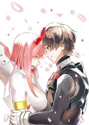  1boy asymmetrical_horns bangs black_bodysuit black_hair bodysuit breasts closed_eyes commentary couple crying darling_in_the_franxx female forehead-to-forehead genm7 gloves highres hiro_(darling_in_the_franxx) horn large_breasts long_hair looking_at_another oni_horn pilot_suit pink_hair red_horns short_hair straight white_bodysuit white_gloves zero_two_(darling_in_the_franxx) 