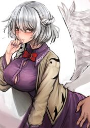  akehi_yuki beige_jacket blush bow bowtie braid breasts brooch commentary_request cowboy_shot dress duplicate feathered_wings female french_braid grey_hair hair_between_eyes hand_up jacket jewelry kishin_sagume large_breasts leaning_forward long_sleeves looking_at_viewer nail_polish open_clothes open_jacket pixel-perfect_duplicate purple_dress purple_nails red_bow red_bowtie red_eyes short_hair simple_background single_wing solo_focus touhou white_background white_wings wings 