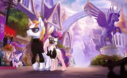  2018 absurd_res amazing_background blonde_hair blue_eyes bonbon_(mlp) building castle city clothed clothing cloud cutie_mark detailed detailed_background devinian duo_focus earth_pony equid equine eyebrows eyelashes eyewear fan_character female feral flower friendship_is_magic group hair hasbro hi_res hooves horn horse male mammal midnight_emissary multicolored_hair my_little_pony mythological_creature mythological_equine mythology necktie outside plant pony purple_hair scenery scenery_porn sculpture sky spy statue street_lamp suit sunglasses sweater teeth topwear turtleneck twilight_velvet_(mlp) two_tone_hair unicorn walking 