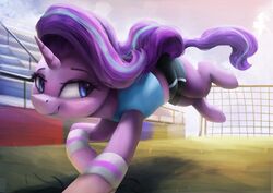  2018 absurd_res bleachers bottomwear clothed clothing detailed_background digital_media_(artwork) equid equine eyebrows eyelashes female feral field friendship_is_magic grass grin hair hasbro hi_res hooves horn mammal multicolored_hair my_little_pony mythological_creature mythological_equine mythology outside plant portrait purple_eyes purple_hair running shaded shadow shirt shorts sky smile soccer soccer_field soccer_net solo sport starlight_glimmer_(mlp) sweatband teeth topwear two_tone_hair unicorn vanillaghosties 