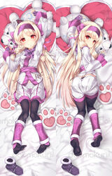  bangs black_legwear blonde_hair blunt_bangs blush dakimakura fate/grand_order fate_(series) female female from_above full_body gorudazo hairband heart heart_pillow highres illyasviel_von_einzbern japanese_clothes long_hair long_sleeves looking_at_viewer looking_back lying on_stomach paw pillow shoes_removed sitonai solo watermark 