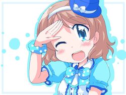  ;d blue_bow blue_eyes blush bow brown_hair commentary_request female geetsu hat hat_bow jaggy_lines love_live! love_live!_sunshine!! oekaki one_eye_closed salute short_hair short_sleeves smile watanabe_you 