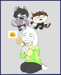  anthro asriel_dreemurr avoid_posting boss_monster_(undertale) bovid caprine clothed clothing digital_media_(artwork) domestic_cat felid feline felis flower fur hair male mammal milodesty open_mouth plant slap tacoyaki undertale undertale_(series) 