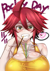  absurdres ahoge bare_shoulders between_breasts blush breast_hold breasts cleavage commentary_request female food green_eyes hair_between_eyes heart heterochromia highres large_breasts looking_at_viewer monster_musume_no_iru_nichijou mouth_hold patchwork_skin pocky pocky_day red_hair sharp_teeth short_hair simple_background skindentation solo stitches teeth teeth_hold upper_body virusotaku white_background yellow_eyes zombie zombina_(monster_musume) 