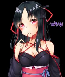  absurdres bare_shoulders black_background black_hair blush breasts commentary detached_sleeves female hair_ribbon highres japanese_clothes kimchanil kimono long_hair looking_at_viewer machine-doll_wa_kizutsukanai red_eyes ribbon solo yaya_(machine-doll) 