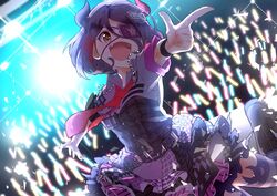  :d backlighting belt boots brown_eyes checkered_clothes checkered_skirt collared_shirt commentary concert eyepatch fake_horns female finger_gun frilled_eyepatch frilled_skirt frills glowstick hair_between_eyes hair_ornament hairclip hayasaka_mirei highres horn_band_legwear horns idol idolmaster idolmaster_cinderella_girls idolmaster_cinderella_girls_starlight_stage individuals_(idolmaster) medium_hair moiimo_q necktie oerba_yun_fang open_mouth outstretched_arms plaid plaid_shirt plaid_skirt pointing purple_hair purple_shirt purple_skirt red_necktie shirt skirt skirt_set smile solo spread_arms stage striped_clothes striped_thighhighs thighhighs 