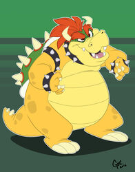  2016 3_toes 4_fingers abstract_background absurd_res anthro armlet biped bowser bracelet claws collar digital_media_(artwork) eligecos eyebrows fangs feet fingers front_view full-length_portrait green_body green_scales hair hi_res horn jewelry koopa looking_at_viewer male mario_bros multicolored_body multicolored_scales nintendo nude open_mouth pink_tongue plantigrade portrait raised_eyebrow red_eyes red_hair scales scalie shell signature solo spiked_bracelet spikes standing tan_body tan_scales teeth toes tongue yellow_body yellow_scales 