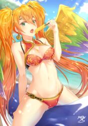  bad_id bad_pixiv_id bikini bird_wings breasts cleavage cloud covered_nipples day female food green_eyes highres leilan_(p&amp;d) long_hair medium_breasts navel open_mouth orange_hair outdoors popsicle puzzle_&amp;_dragons solo spilling swimsuit tongue tongue_out twintails wings yuzutosen 