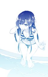  bikini blue_theme breasts cleavage collarbone commentary_request female hair_ornament half_updo highres kakumeiki_valvrave large_breasts long_hair looking_at_viewer monochrome nino_(shira) rukino_saki sidelocks sitting smile solo striped_bikini striped_clothes swimsuit water 