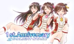  3girls across_the_stars_(idolmaster) anniversary breasts brown_hair closed_eyes commentary_request epaulettes highres honda_mio idolmaster idolmaster_cinderella_girls idolmaster_cinderella_girls_starlight_stage long_hair medium_breasts multiple_girls new_generations_(idolmaster) one_side_up open_mouth shibuya_rin shimamura_uzuki short_hair shunichi simple_background smile white_background 