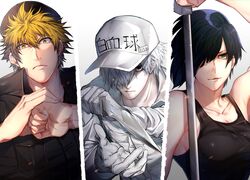  2boys bad_id bad_pixiv_id baseball_cap black_eyes black_hair black_tank_top blonde_hair breasts cleavage clenched_hand collarbone collared_shirt colored_skin column_lineup commentary_request cracking_knuckles female fighting_stance fist_in_hand gloves gradient_background green_eyes grey_background hair_over_one_eye hat hataraku_saibou highres holding holding_sword holding_weapon killer_t_(hataraku_saibou) knife long_sleeves looking_at_viewer medium_breasts multiple_boys nk_cell_(hataraku_saibou) no_pupils open_mouth shirt short_hair sleeveless spiked_hair sword tank_top tsunami_(sorudora) u-1146 upper_body weapon white_background white_blood_cell_(hataraku_saibou) white_gloves white_hair white_skin yellow_eyes 