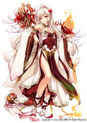  animal_ears armpits ball bare_shoulders breasts cleavage closed_mouth commentary_request detached_sleeves dress female fire flower flower_knight_girl fox_ears fox_girl fox_tail full_body hair_flower hair_ornament higanbana_(flower_knight_girl) holding holding_staff japanese_clothes kanoko_(pattern) kimono kitsune kyuubi large_breasts long_hair long_sleeves looking_at_viewer monety multiple_tails nail_polish name_connection object_namesake official_art pink_nails polearm_behind_back pyrokinesis red_eyes red_flower shakujou side_slit sidelocks smile solo spider_lily staff tail tassel temari_ball white_background white_dress white_hair wide_sleeves 