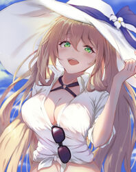  adjusting_clothes adjusting_headwear alternate_costume bikini black_ribbon blue_sky blurry blurry_background blush breasts brown_hair chinese_commentary cleavage cloud commentary_request day eyewear_hang female girls&#039;_frontline green_eyes hair_between_eyes hair_rings hat hat_ribbon large_breasts long_hair looking_at_viewer official_alternate_costume open_mouth outdoors ponytail ribbon shirt sidelocks sky smile solo springfield_(girls&#039;_frontline) springfield_(stirring_mermaid)_(girls&#039;_frontline) sun_hat sunglasses swimsuit tied_shirt toki_(yoyobozi) unworn_eyewear upper_body white_hat white_shirt 