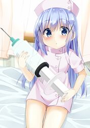  blue_eyes blue_hair blush cacao_(chocolat) commentary_request curtains dress female gochuumon_wa_usagi_desu_ka? hair_ornament hairclip hat highres holding kafuu_chino long_hair nurse nurse_cap oversized_object short_dress sitting solo syringe uniform window 