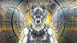  16:9 amuroumbra angel canid canine canis digital_media_(artwork) divine ethereal fur gulf_of_mexico male mammal muscular sea sebris stained_glass sunrise tribal water white_body white_fur widescreen wings wolf 