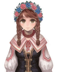  bad_id bad_pixiv_id braid braided_bangs brown_eyes closed_mouth corset expressionless eyelashes female flower freckles hair_flower hair_ornament hair_over_shoulder head_wreath isakawa_megumi jewelry lips looking_at_viewer multiple_braids necklace red_hair simple_background solo twintails upper_body white_background 