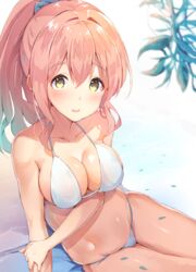  bad_id bad_pixiv_id bare_shoulders bikini blush breasts cleavage collarbone cowboy_shot female from_above halterneck highres idolmaster idolmaster_cinderella_girls long_hair looking_at_viewer medium_breasts navel open_mouth pink_hair saionji_kotoka sitting solo stomach string_bikini swimsuit thighs ultone_(neisiss) white_bikini yellow_eyes yokozuwari 