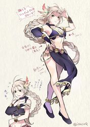  alternate_costume blonde_hair blush bracelet braid breasts brown_hair circlet cleavage commentary_request dancer female gloves h&#039;aanit_(octopath_traveler) jewelry large_breasts long_hair looking_at_viewer medium_breasts navel necklace oboro_keisuke octopath_traveler octopath_traveler_i open_mouth simple_background solo translation_request 