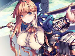  armor artist_name blonde_hair blue_eyes blue_ribbon blurry blurry_background bracer braid breasts bridge club_(weapon) commentary_request covered_nipples female hair_ribbon highres holding holding_weapon impossible_clothes kousaka_yami large_breasts leaning_forward long_hair mireille_(sennen_sensou_aigis) outdoors ribbon sennen_sensou_aigis smile solo standing tiara weapon 