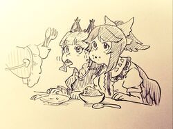  2girls animal_ears bird_wings black_hair black_wings blunt_bangs bow bowl cat_ears collared_shirt commentary_request eating fish fish_in_mouth food food_on_face fork frilled_shirt_collar frilled_sleeves frills hairbow heart holding holding_fork holding_spoon kaenbyou_rin komeiji_satori long_sleeves menotama monochrome multiple_girls plate ponytail reiuji_utsuho shirt short_sleeves spoon touhou traditional_media upper_body wide_sleeves wings 