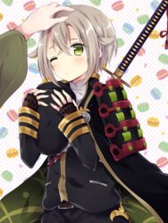  1boy armor bad_id bad_pixiv_id blush cape food green_eyes grey_hair hand_on_another&#039;s_head hat hotarumaru japanese_armor macaron male_focus one_eye_closed ootachi out_of_frame polka_dot polka_dot_background revision shoulder_armor sode solo_focus sword touken_ranbu uguisu_mochi_(ykss35) unworn_hat unworn_headwear weapon 