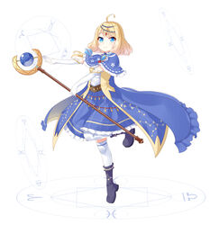  ahoge aries_(symbol) black_footwear blonde_hair blue_cape blue_capelet blue_eyes blue_skirt boots cape capelet chihong_de_tianshi chinese_commentary closed_mouth commentary_request constellation_print elbow_gloves female frilled_cape frilled_capelet frills full_body gloves hair_ornament highres holding holding_staff libra_(symbol) magic_circle octagram original outstretched_arm pisces_(symbol) shirt simple_background skirt smile solo staff standing standing_on_one_leg star_(symbol) star_of_lakshmi taurus_(symbol) thighhighs thighhighs_under_boots white_background white_gloves white_shirt white_thighhighs 