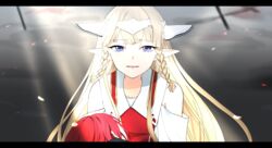  1boy blonde_hair blue_eyes braid commentary_request crying crying_with_eyes_open elf ezel_the_king_of_fire_and_iron falia_the_queen_of_the_mountains female fuguve grey_background headpiece highres letterboxed long_hair looking_at_viewer outdoors pixiv_fantasia pixiv_fantasia_last_saga pointy_ears red_hair sunlight tears upper_body 